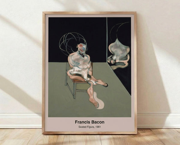 Abstract seated figure in muted ochre and grey tones, rendered in a distorted, unsettling style characteristic of mid-century modernism; framed art print on wall.