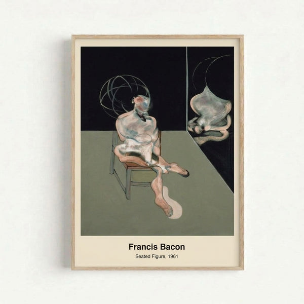 Introspective portrait of a man seated in a chair, painted in brown and black hues with expressionist distortion; framed contemporary art poster.