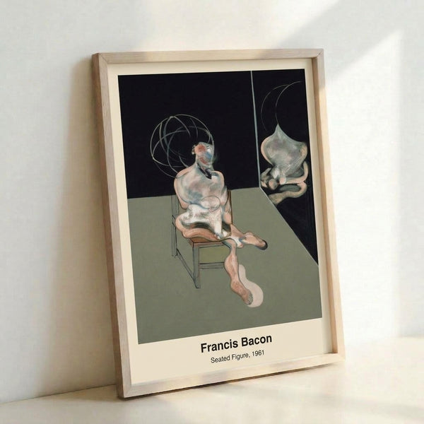 Surreal depiction of a solitary figure sitting, executed in contemplative tones of grey, ochre, and charcoal with gestural, fragmented brushwork; wall art.