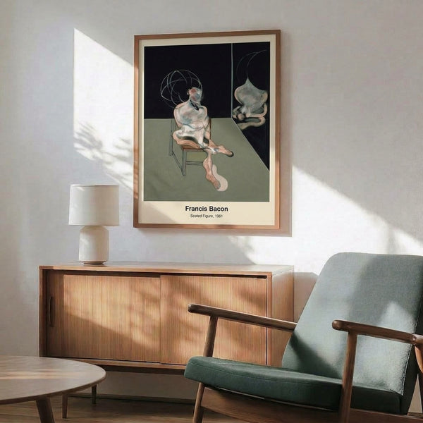 Figure confined to a chair rendered in dreary ochre and grey palette with surreal, deconstructed forms; contemplative framed print on wall.