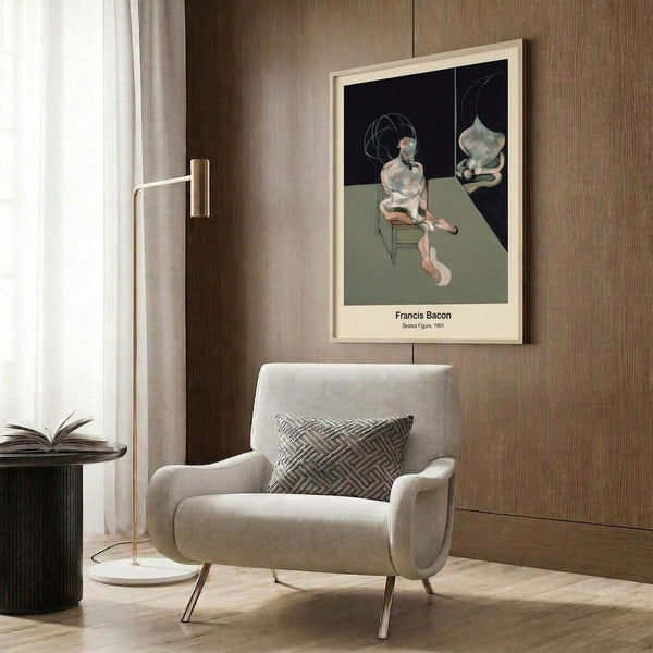 Unsettling abstract portrayal of a seated man in brown and black tones, marked by fragmented shapes and introspective mood; framed poster.