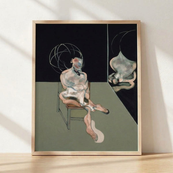 Abstract framed poster of a seated figure in muted earth tones and grays, rendered in an expressionistic style with gestural brushwork and a contemplative mood.