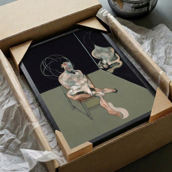 Abstract poster showing a solitary seated figure in muted hues, executed with expressive brushstrokes and a pensive, isolated quality.