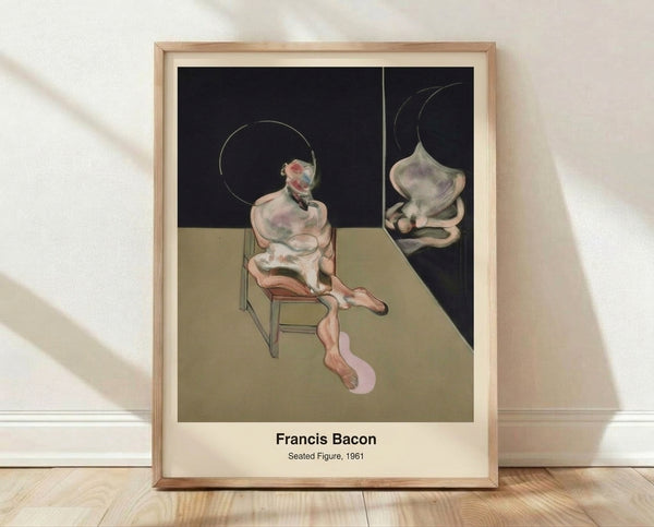 Abstract portrait of a seated figure in muted ochre, grey, and black tones, rendered in a modern expressionist style that conveys psychological intensity and existential unease.