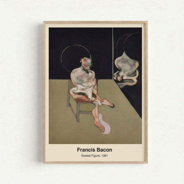 Framed modern art print depicting a faceless figure confined within geometric forms, featuring a claustrophobic composition in cream, ochre, and dark tones.