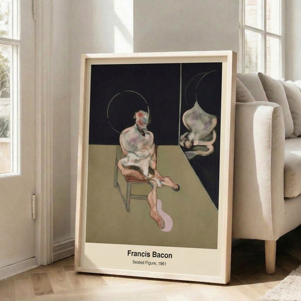 Existential figure study in black and ochre showing a distorted human form on furniture, rendered in an abstract style that evokes claustrophobia and inner turmoil.