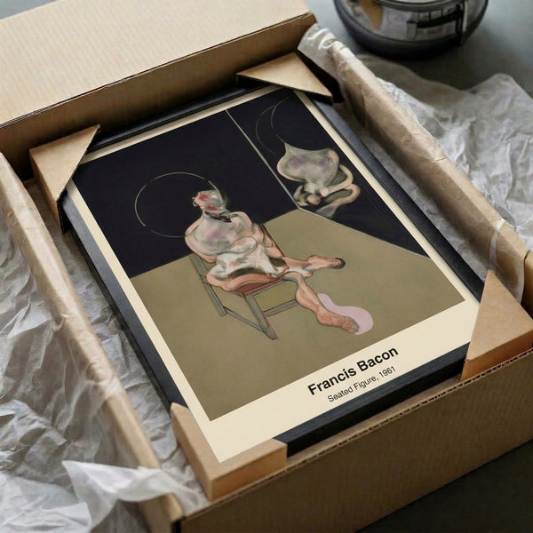 Abstract figure painting in subdued tones of ochre and black depicting a confined seated form, conveying existential dread through its modern, psychologically intense aesthetic.