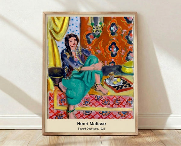 Matisse modern art print featuring a seated female figure in ochre, blue, and cream tones with minimalist lines and sensual, contemplative mood.