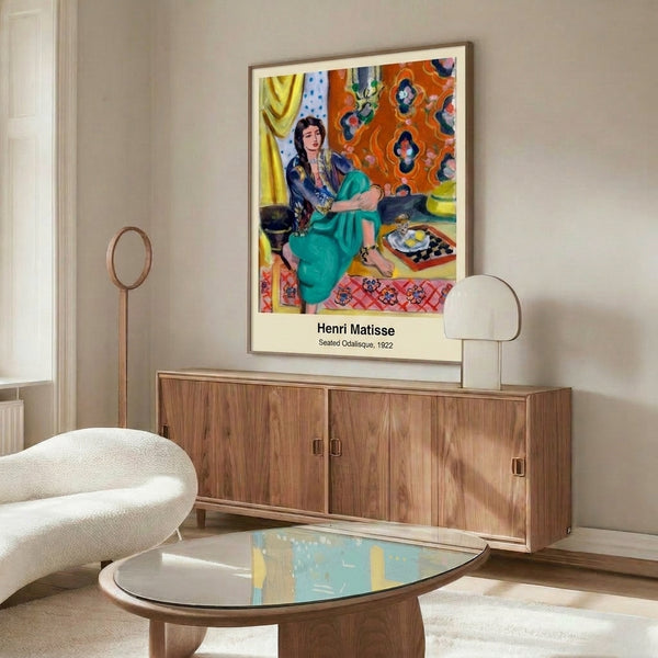Contemporary wall print of a seated female figure in the style of Matisse, combining Art Nouveau elegance with minimalist technique and warm, cool color contrasts.