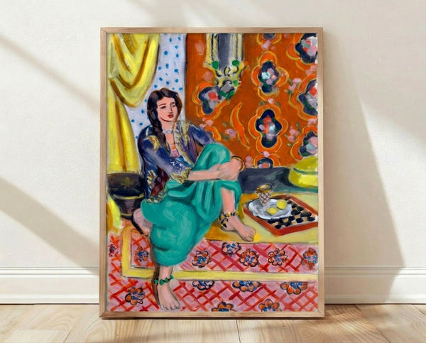 Seated Odalisque framed art print featuring a reclining figure in warm ochres and deep blues, exemplifying early modern painting style with bold flat shapes and decorative patterns.