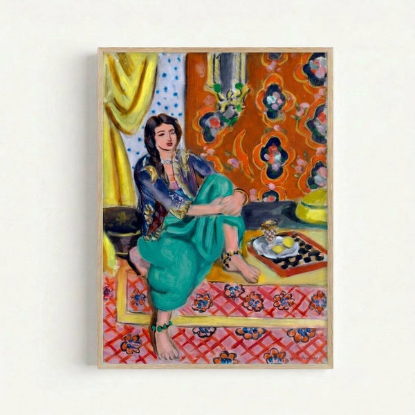 Matisse-inspired wall art depicting a seated odalisque in rich terracotta and cobalt tones, a masterpiece of modernist figure composition with ornamental background elements.