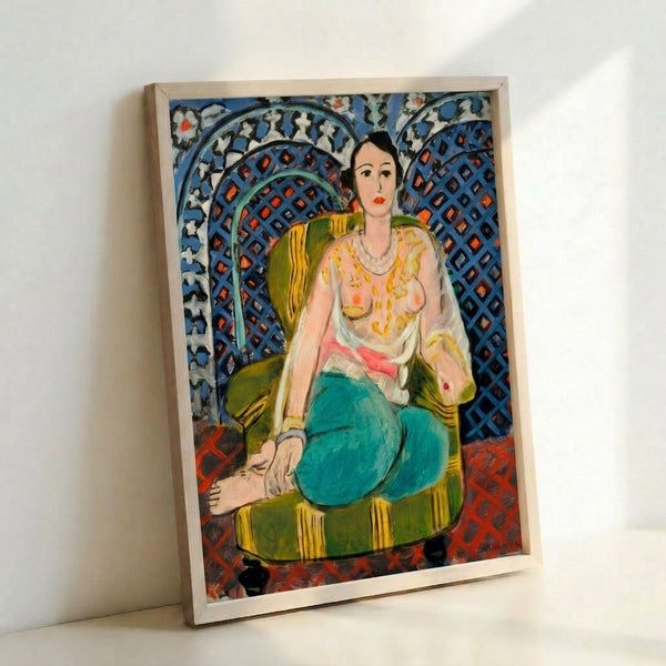 Modern art poster featuring an odalisque in contemplative repose, composed with flattened perspective and rich saturated colors in a decorative interior setting.