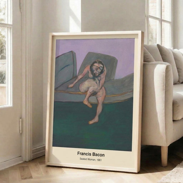 Contemporary framed poster featuring an abstracted seated woman in ochre and black tones, capturing a sense of psychological depth and isolation.