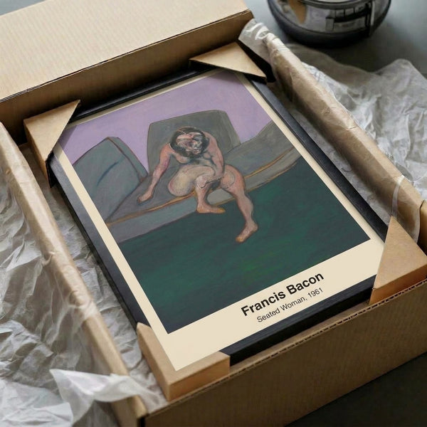 Modern wall art print of a contemplative female figure in warm ochre and cool charcoal tones, expressing vulnerability through abstracted forms.