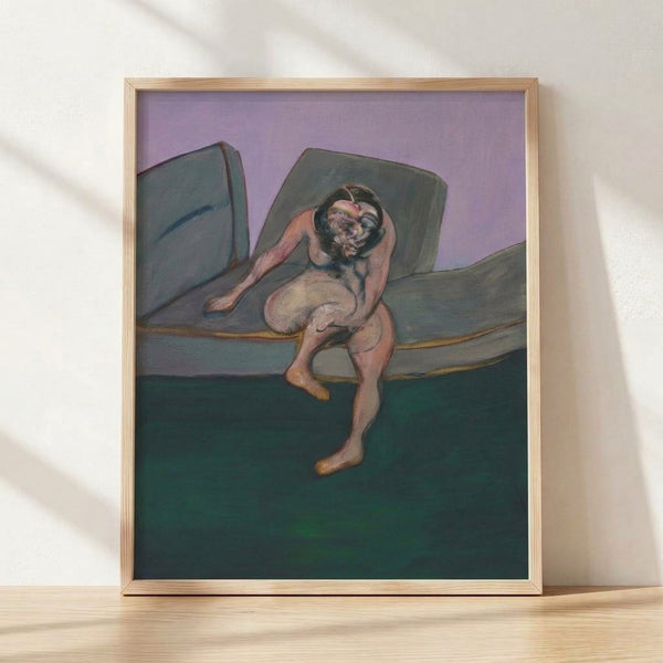 Abstract portrait of a seated woman rendered in dark earth tones and muted colors, featuring distorted expressive forms characteristic of mid-century modern art, framed as a poster on a wall.