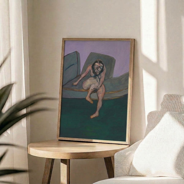 Framed art print depicting an abstracted figure of a woman in a seated pose, with gestural brushwork and a somber palette of browns and grays creating a contemplative, introspective mood.