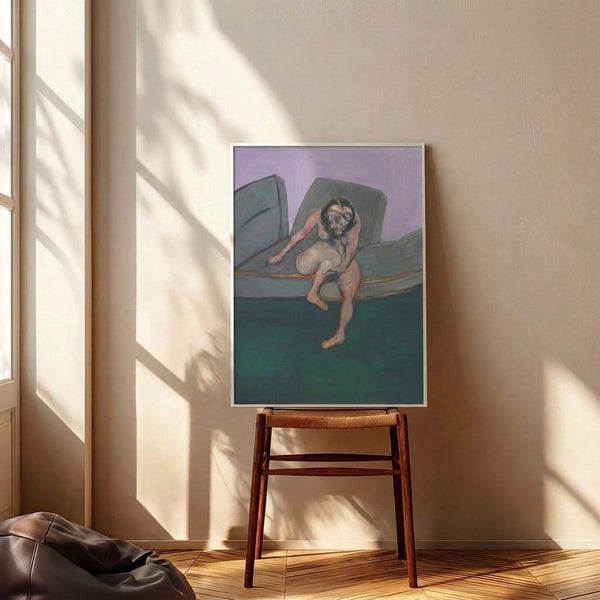 Expressionist-style poster showing a solitary seated female figure fragmented through bold, unsettling forms and a restrained dark color scheme, conveying psychological depth and isolation.