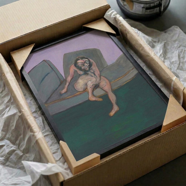 Modern abstract artwork of a woman seated, rendered with distorted anatomical features and a moody palette of charcoal, ochre, and black tones, evoking tension and introspection when displayed as a framed print.
