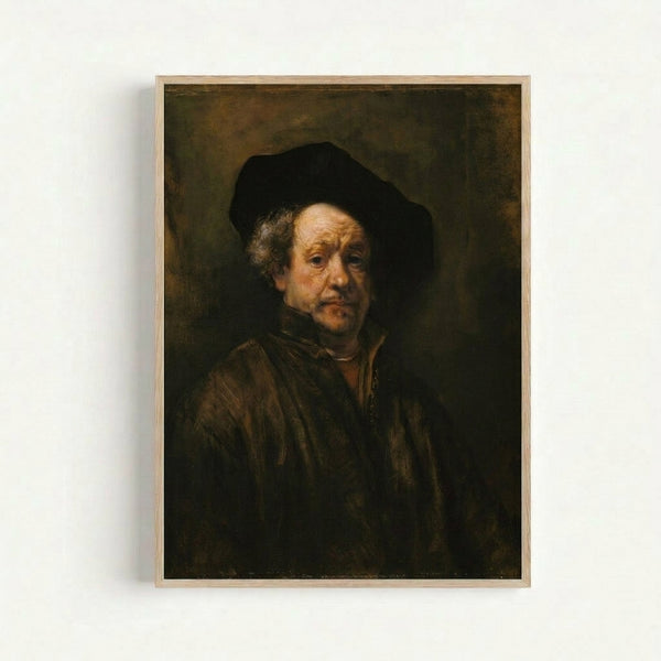 Self-portrait artwork featuring a figure in Renaissance-era clothing, painted with rich ochre and burnt sienna hues, characteristic of Baroque portrait mastery.