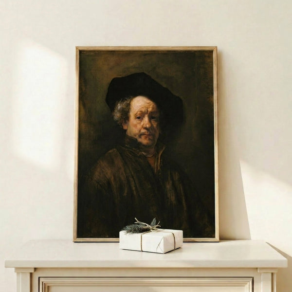 Wall-mounted art print of a historical figure in warm amber and chocolate brown palette, painted in the detailed realistic style of Old Masters.