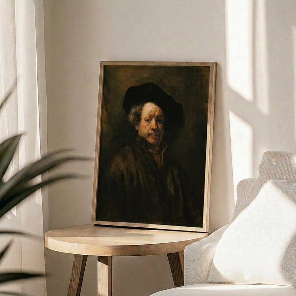 Framed classical portrait rendered in warm ochres and deep shadows, capturing an introspective moment with masterful use of light and subtle color gradation.