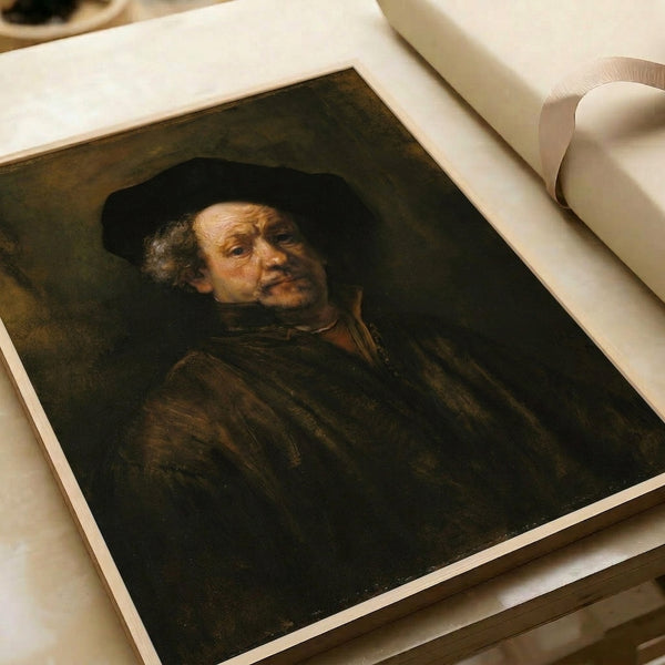 Wall art print of a bearded man in period garments painted with luminous browns and golds, embodying the psychological depth of Baroque portraiture.