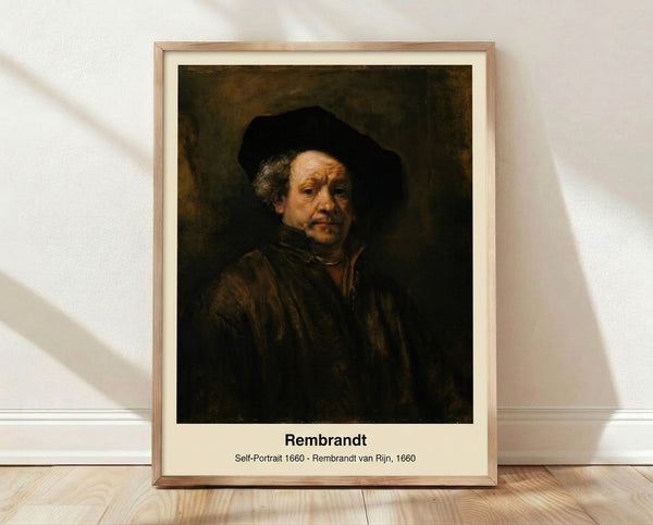 Framed portrait print of a man with contemplative expression rendered in warm brown and gold tones with soft shadows, in minimalist impressionist style.