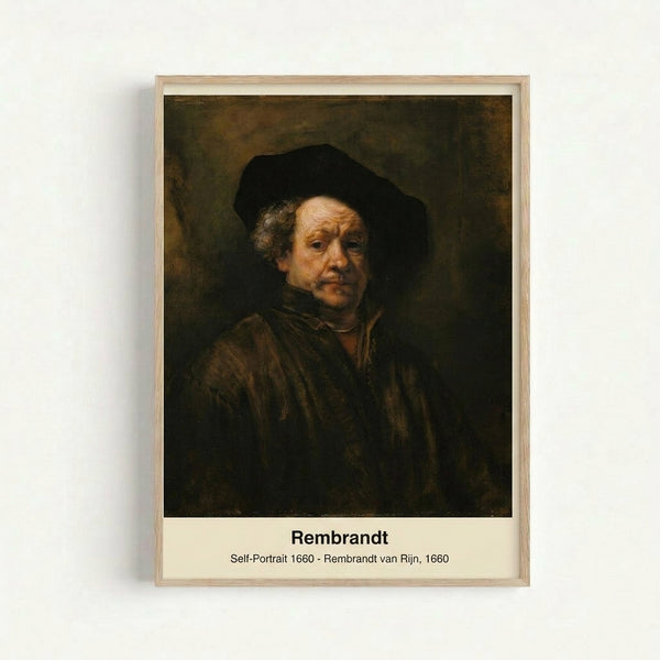 Dignified self-portrait featuring a figure in ochre and brown hues against dark shadowing, displayed as a framed wall print with introspective mood.
