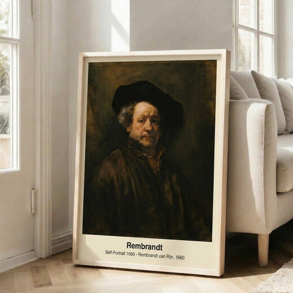 Wall-mounted portrait print of a man in contemplative pose, rendered in earthy browns and golds with minimalist impressionist brushwork.