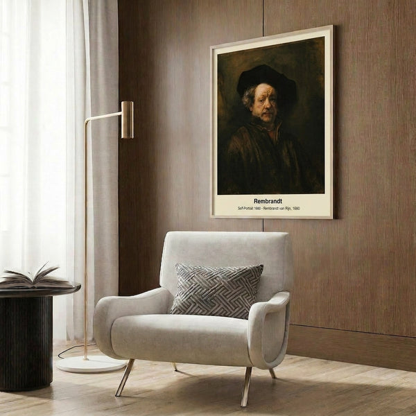Fine art print showing an introspective man's portrait in ochre, gold, and brown hues with soft atmospheric shading, hung as framed wall art.