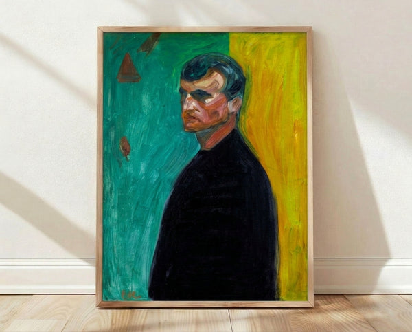 Expressionist self-portrait with a figure against a stark two-toned background, rendered in bold brushstrokes and muted earth tones.