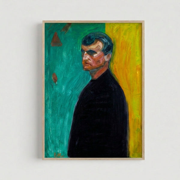 Dark expressionist portrait framed on wall, featuring a solitary figure with haunting features set against contrasting colored fields.