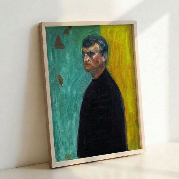 Moody self-portrait in expressionist style with dramatic color division, depicting an introspective figure in muted palette.