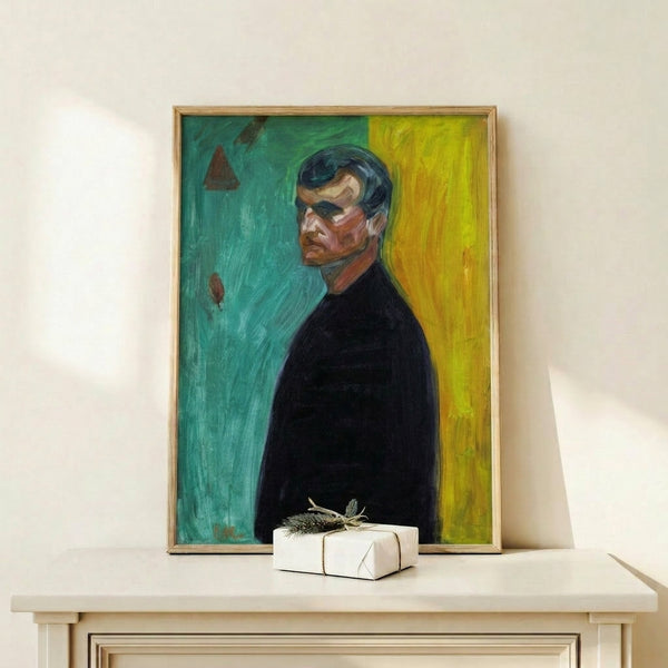 Expressionist artwork showing a brooding portrait against a bisected background in cool and warm tones, hung as framed print.