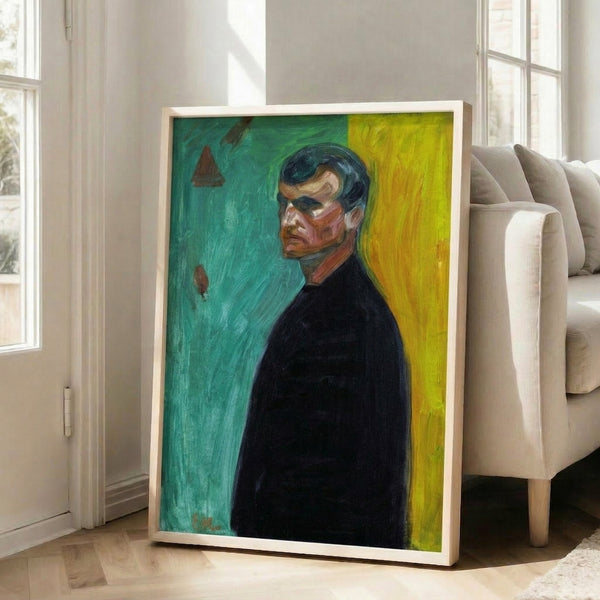 Haunting portrait with loose, expressive brushwork against a two-part background, capturing psychological intensity in subdued colors.