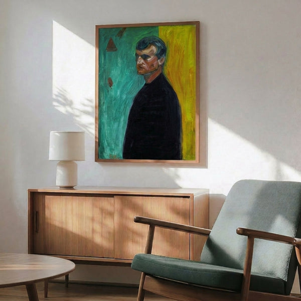 Framed expressionist self-portrait featuring a contemplative figure rendered against contrasting background planes in earthy tones.