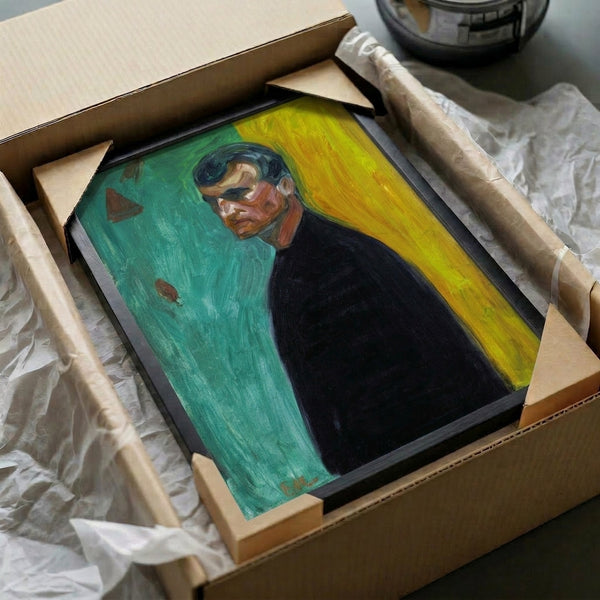 Dark, introspective expressionist portrait with bold compositional division and muted color scheme, displayed as wall art.
