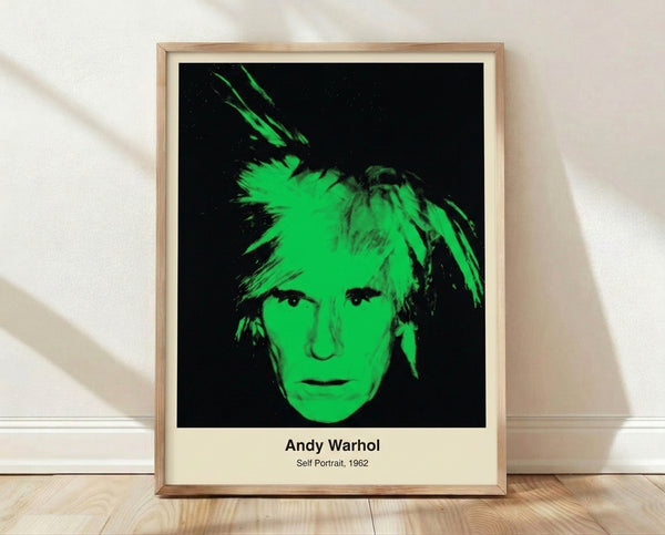Bold pop art self-portrait with vibrant silk-screen colors and high contrast, featuring a stylized male face in bright hues characteristic of 1960s modern art.