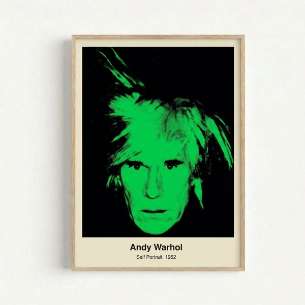Iconic contemporary portrait in pop art style, framed poster displaying a faceless figure rendered in saturated neon tones and graphic silk-screen technique.