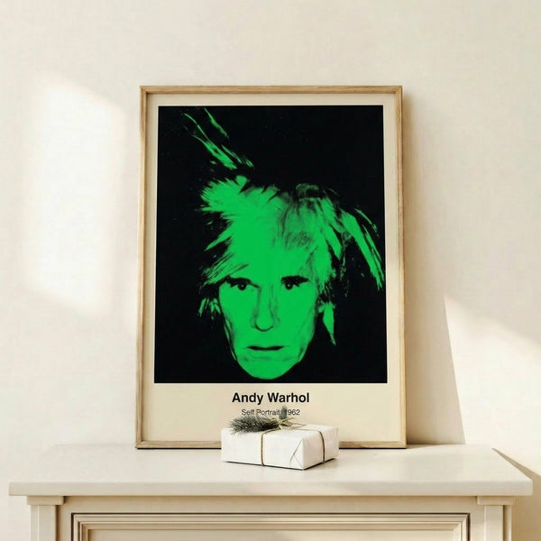 Striking pop art self-portrait with silkscreen-inspired bright color blocking and minimal facial features, a contemporary wall art piece in bold saturated hues.
