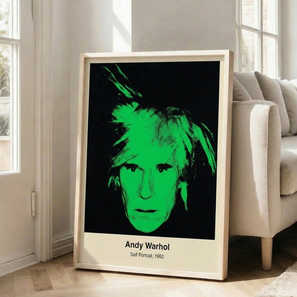 Modern pop art portrait framed on wall, featuring a stylized male visage in vivid neon colors with dramatic contrast typical of iconic 1960s artwork.
