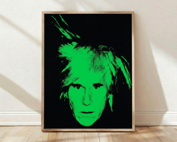 Bold pop art self-portrait with vibrant, contrasting colors and high-contrast silkscreen aesthetic on a framed poster.