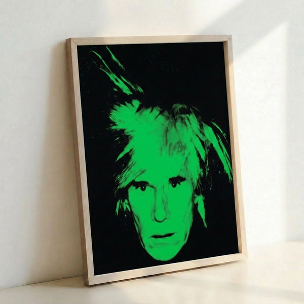 Framed art print of a stylized face rendered in bright, saturated hues with flat graphic design characteristic of pop art.