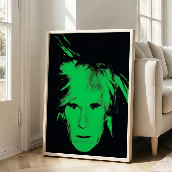 Eye-catching wall art depicting a simplified face in luminous colors and graphic silkscreen-printed style.