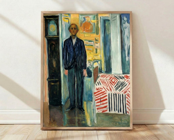 Framed dark expressionist self-portrait print showing a faceless figure in muted earth tones positioned between a clock and bed, evoking existential contemplation and psychological tension.