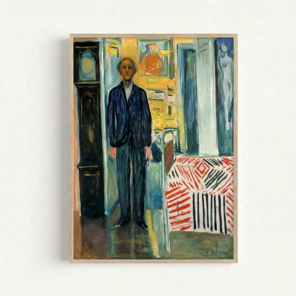 Moody modern art print featuring an abstracted human silhouette in somber browns and grays, framed on wall in a composition balancing time and rest imagery.