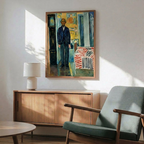 Dark toned modern portrait print showing an abstracted human form without facial features, framed as contemporary wall art with psychological and existential undertones.