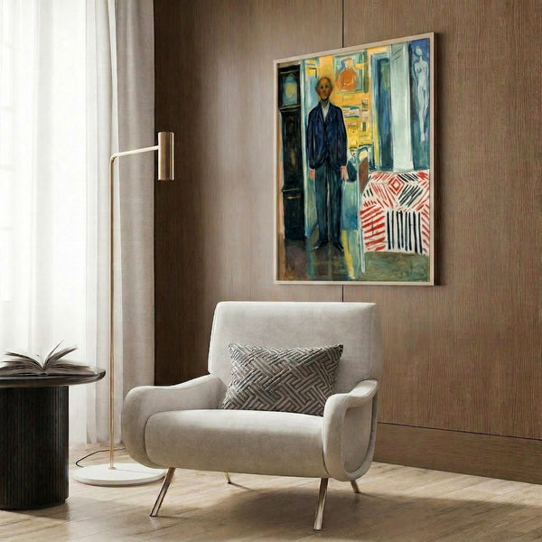 Moody expressionist print in earth tones featuring a blank-faced figure composition, hung as framed art that evokes introspection and the passage of time.