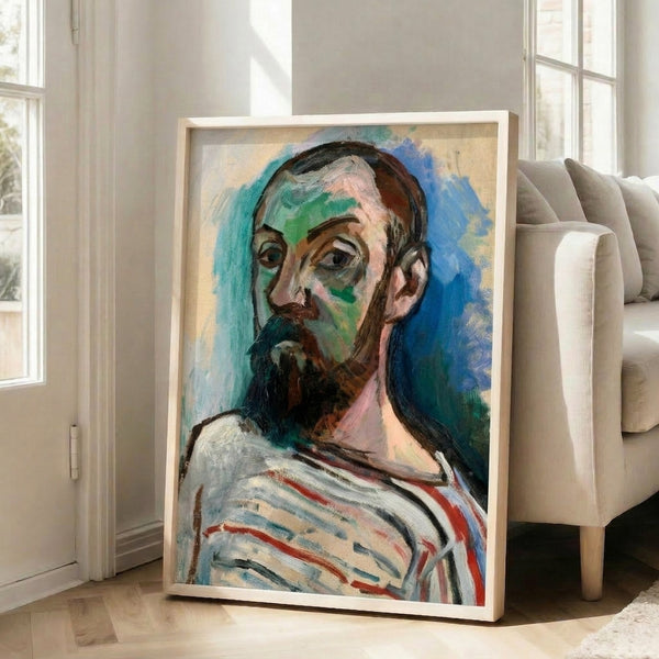 Modern minimalist composition of bright color blocks and flowing forms arranged into a playful portrait, displayed as a framed art print on the wall.