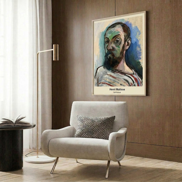 Bright, harmonious arrangement of contrasting color forms and simplified shapes creating a serene yet vibrant portrait, displayed as a framed poster.